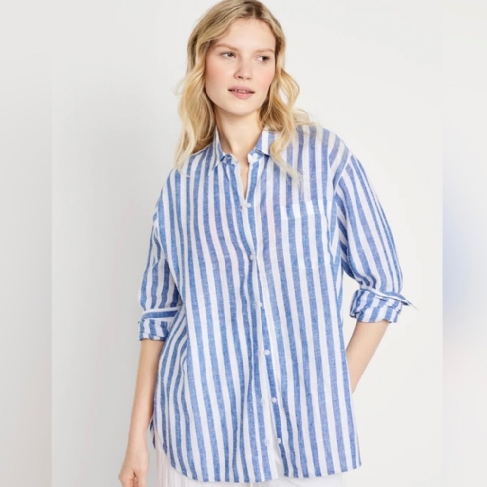 Blue and white linen relaxed fit shirt